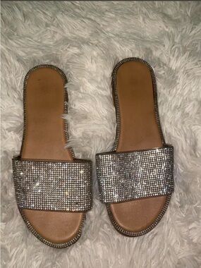 Sparkle Slide Sandals - Silver Crystal Wide Band